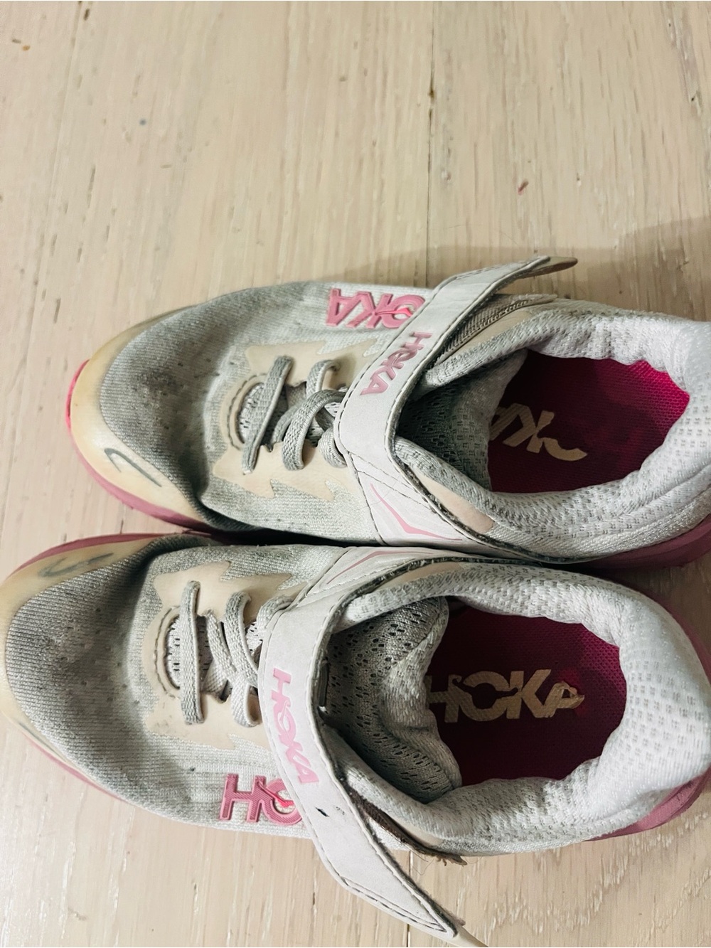 Hoka Kids Gray and Pink Hook-and-Loop Sneakers